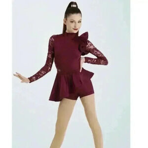 Weissman Dance Womens Maroon Size MA Medium Biketard Lace Ruffle Jazz Tap